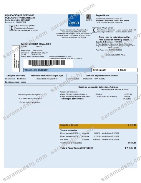 Argentina water utility bill template Aysa in Word and PDF format (.doc and .pdf)